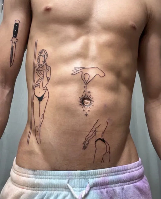 Medium Blackwork Women Figures Sun Tattoo on Men Stomach by @tatt2spook