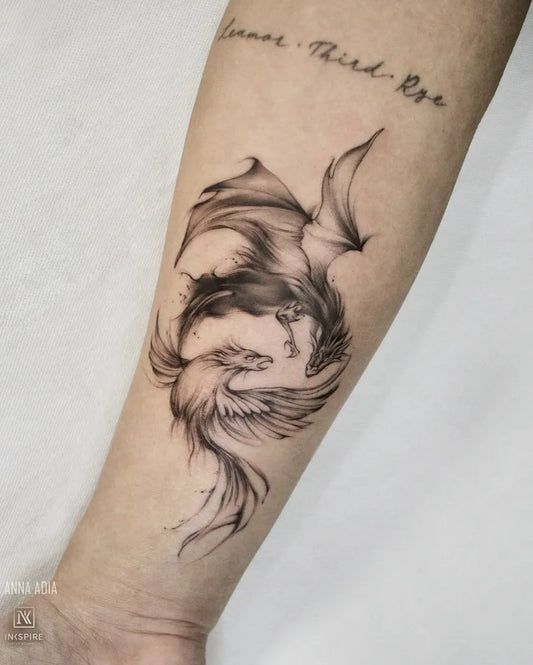 Medium Blackwork Yin Yang Dragons Tattoo on Women Arm by @annaadia
