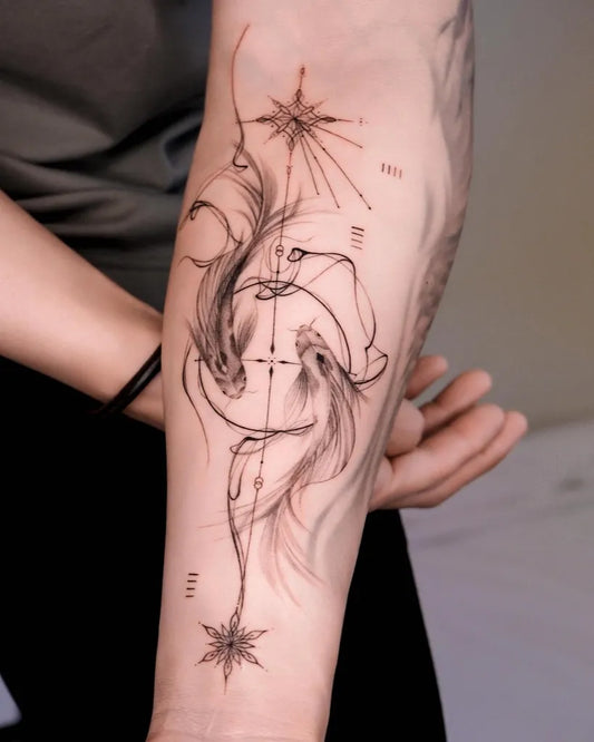 Medium Blackwork Yin Yang Koi Design Tattoo on Women Arm by @ink.carolw