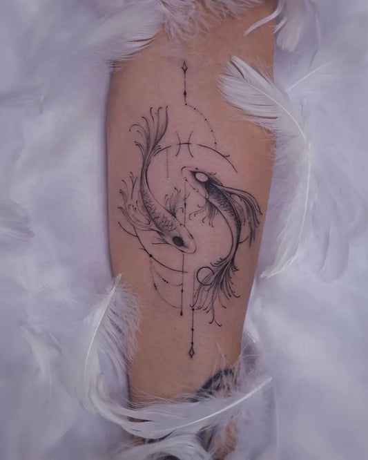 Medium Blackwork Yin Yang Koi Pisces Tattoo on Women Leg by @nieszkatattoo