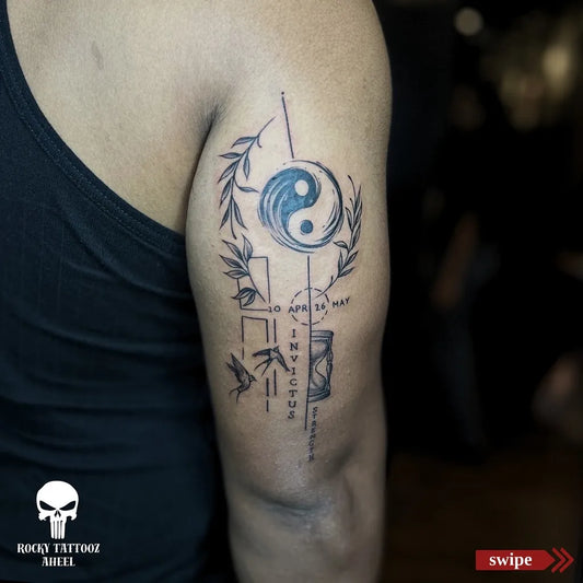 Medium Blackwork Yin Yang Laurel Invest Tattoo on Men Upper Arm by @rocky_tattooz