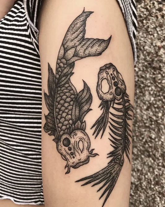 Medium Blackwork YinYangKoiSkeleton Tattoo on Women Arm by @ink_collective_77