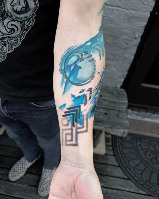 Medium Blue Abstract Water Waves and Geometric Tattoo on Men Arm by @emmagracetattoo