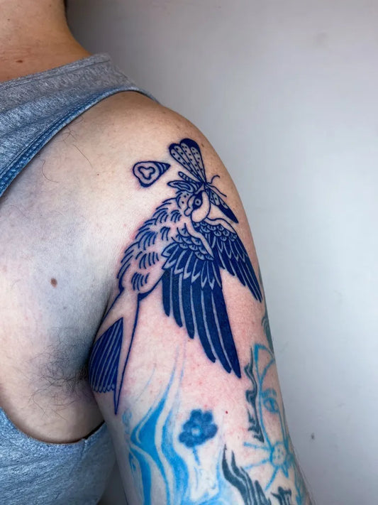 Medium Blue Bird Tattoo on Women Shoulder by @linazele