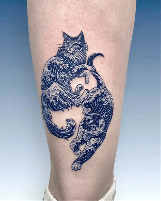 Medium Blue Cat with Waves Tattoo on Women Leg by @c.i.e.l_tt