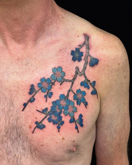 Medium Blue Cherry Blossom Branch on Men Shoulder Tattoo by @girlinheavystorm