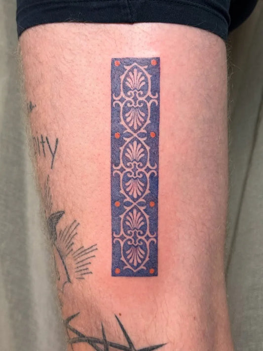Medium Blue Geometric Pattern Tattoo on Men Thigh by @poke.evoke