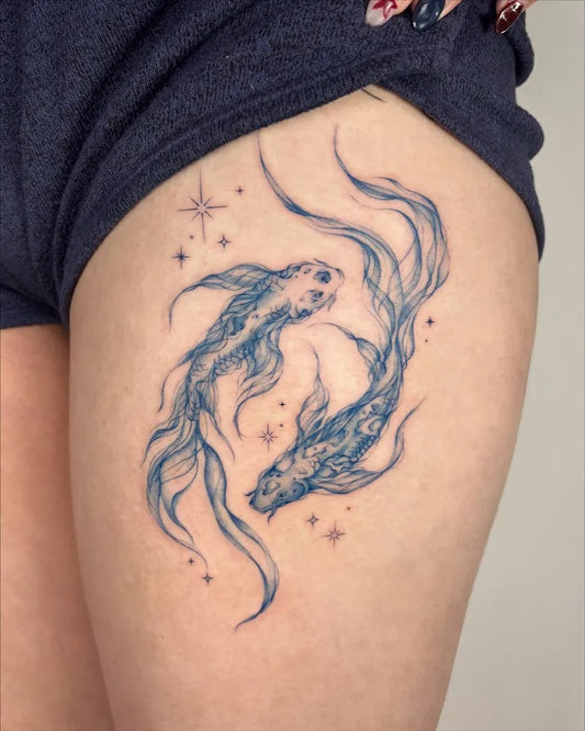 Medium Blue Two Koi Fish Tattoo on Women Thigh by @laikintattooss