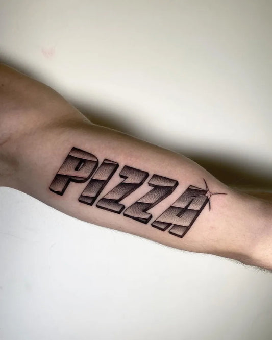 Medium Bold Lettering Pizza Word on Men Forearm Tattoo by @fiorile.ttt