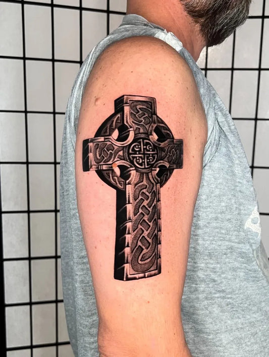 Medium Celtic Celtic Cross Tattoo on Men Arm by @mluis_ink
