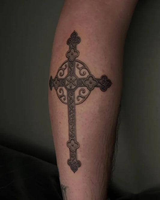 Medium Celtic Cross on Men Leg Tattoo by @tajo_tt