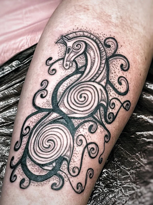 Medium Celtic Horse Tattoo on Men Arm by @hyrsta.ink