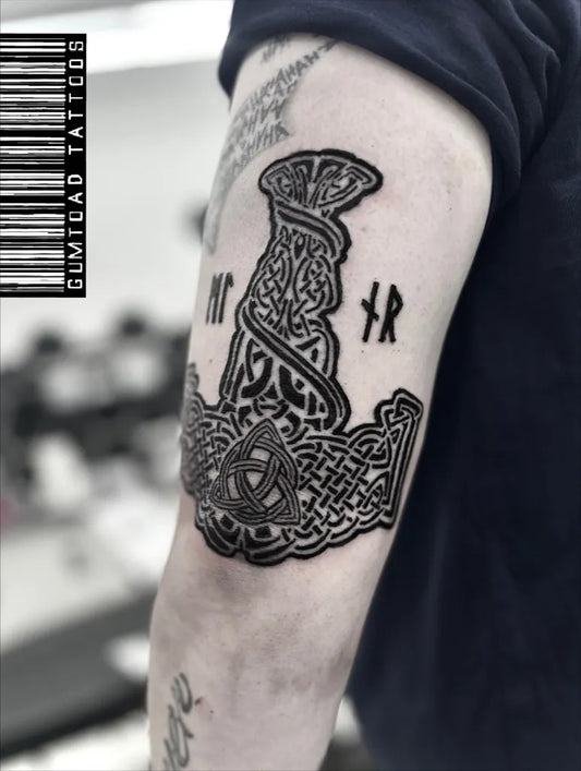Medium Celtic Mjolnir Hammer Tattoo on Men Arm by @gumtoadtattoos