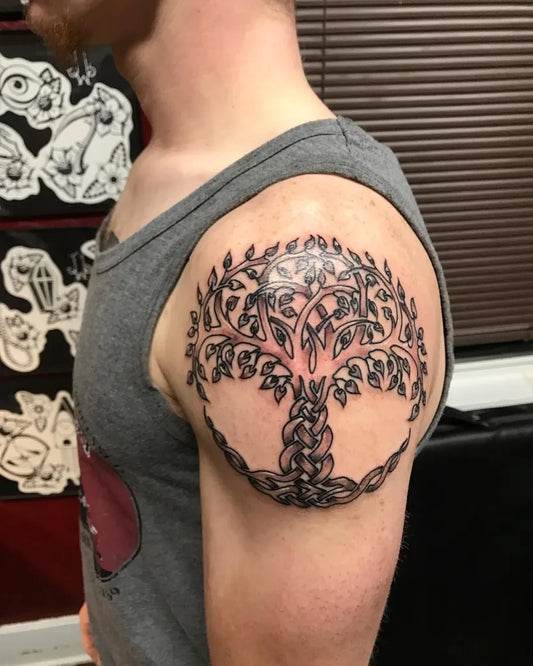 Medium Celtic Tree Tattoo on Men Shoulder by @jbaxs