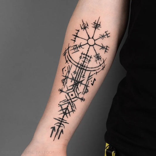 Medium Celtic Vegvisir Rune Tattoo on Men Forearm by @blackhouseta