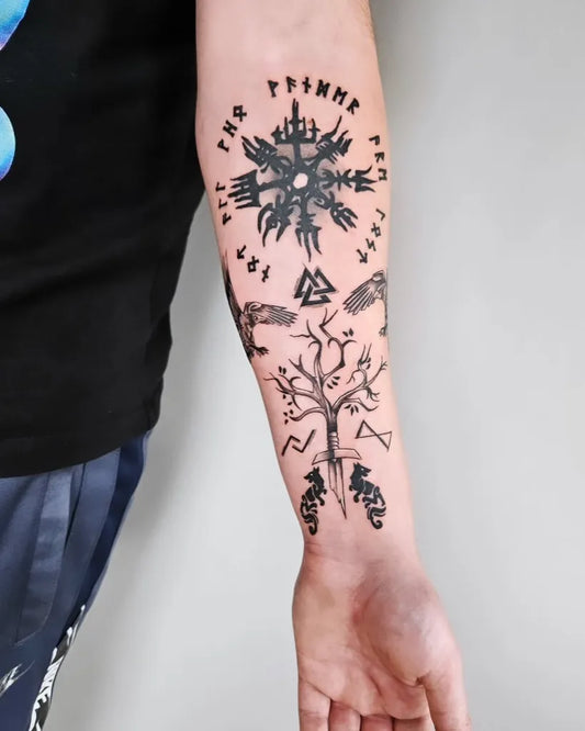 Medium Celtic Vegvisir Yggdrasil Tattoo on Men Arm by @lookinkgoodtattoo