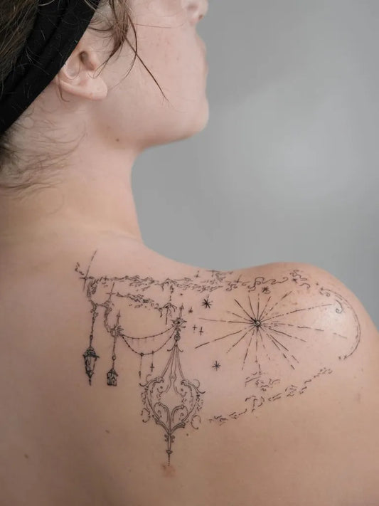 Medium Chandelier Stars Cyber Sigilism on Women Shoulder Tattoo by @thepeople.tattoo