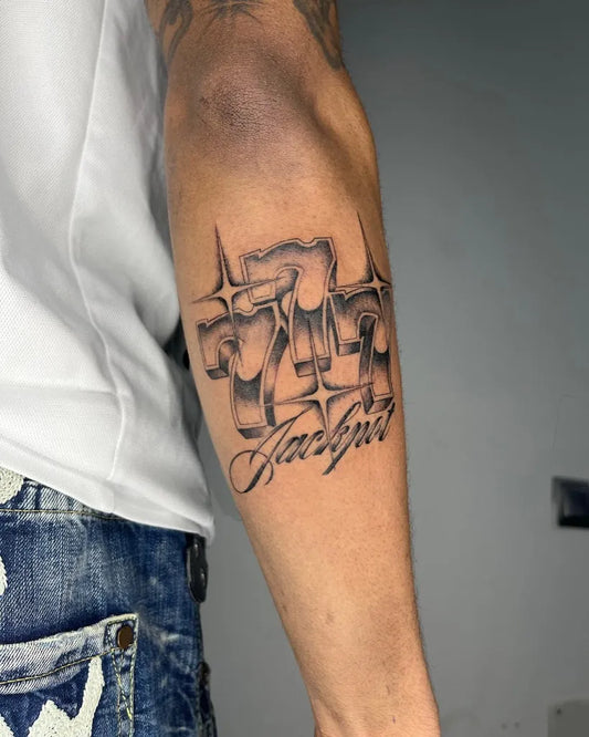 Medium Chicano 777 and Harlyn Tattoo on Men Arm by @bakaneitor_threesix