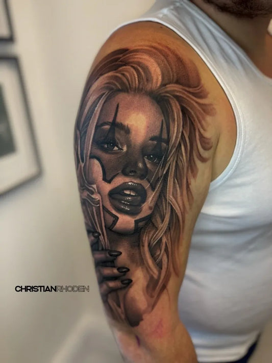 Medium Chicano Clown Girl with Rose Tattoo on Men Shoulder by @christianrhodentattoo