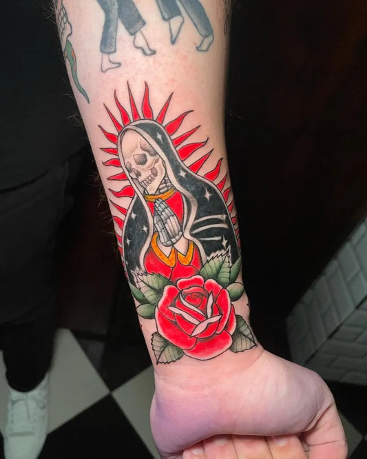 Medium Chicano Santa Muerte with Roses Tattoo on Men Arm by @elranatattooshop