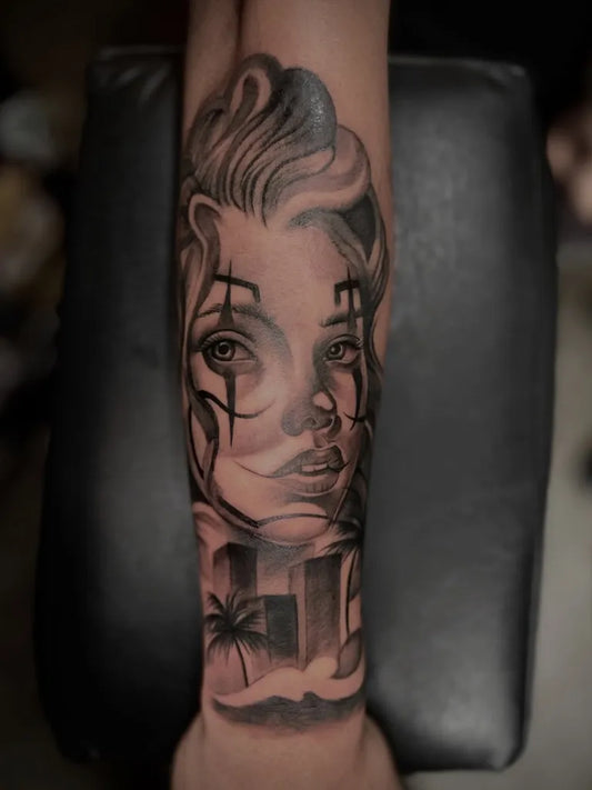 Medium Chicano Woman with Crosses and Palm Tree Tattoo on Women Arm by @cheems.reyes