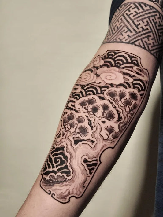 Medium Chinese Bonsai Tree Tattoo on Men Arm by @templetattoo.china