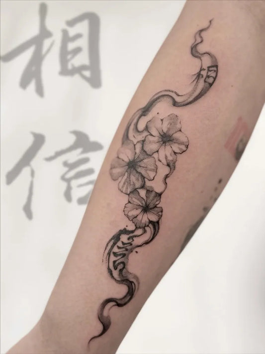 Medium Chinese Hibiscus Flowers and Chinese Calligraphy Tattoo on Women Arm by @brush.ttt
