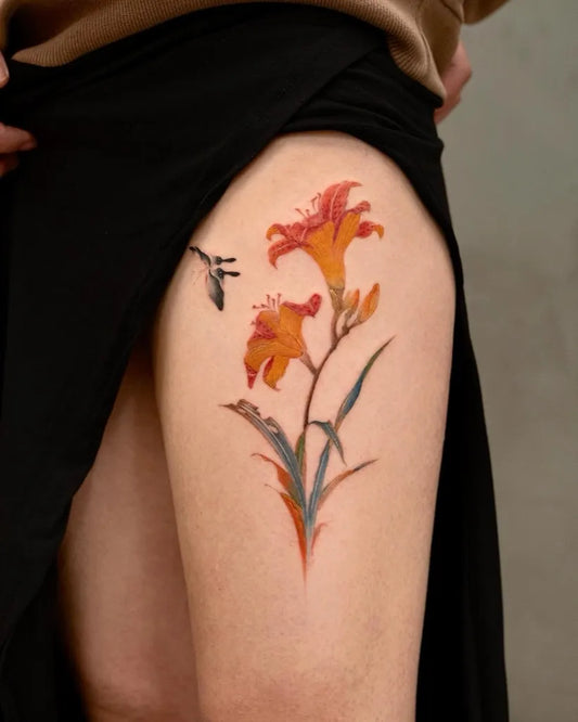 Medium Chinese Lily Flower and Butterfly Tattoo on Women Thigh by @inkflow_double