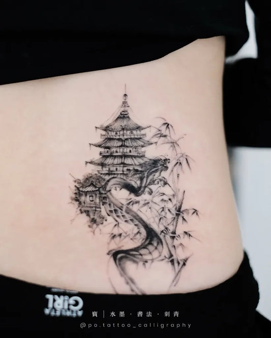 Medium Chinese Pagoda Dragon Bamboo Tattoo on Women Hip by @po.tattoo_calligraphy