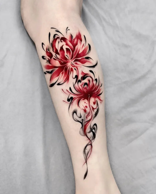 Medium Chinese Red Chrysanthemum Flowers Tattoo on Women Leg by @jing.ink