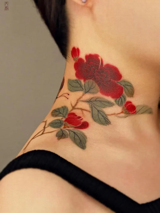 Medium Chinese Red Peony Flower Branch Tattoo on Women Neck by @fuguang.tattoo.studio