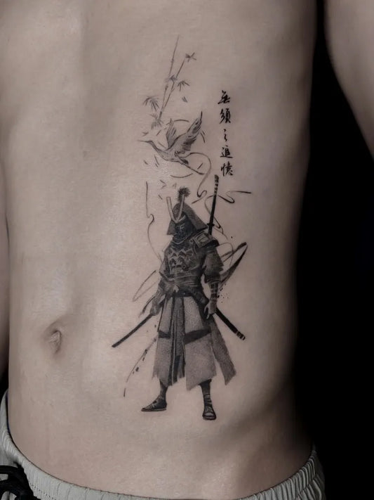 Medium Chinese Samurai with Swords and Bird Tattoo on Men Torso by @goodday.ink