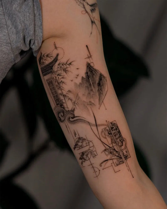 Medium Chinese Temple Mountain Leaves Tattoo on Women Arm by @jakeli_tattoo