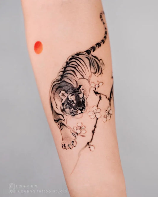 Medium Chinese Tiger with Cherry Blossoms and Sun Tattoo on Women Arm by @fuguang.tattoo.studio