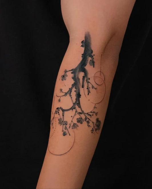 Medium Chinese Tree with Branches and Circles Tattoo on Men Arm by @moko.cjtattoo