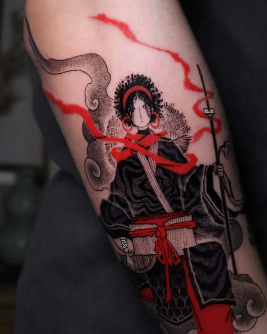 Medium Chinese Warrior Woman with Spear and Clouds Tattoo on Women Arm by @zzltattoo