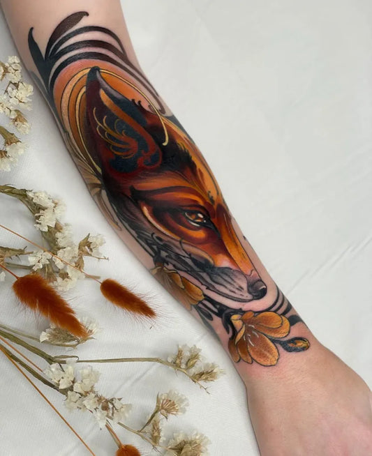 Medium Color New School Fox with Flowers Tattoo on Women Arm by @psyhiskond