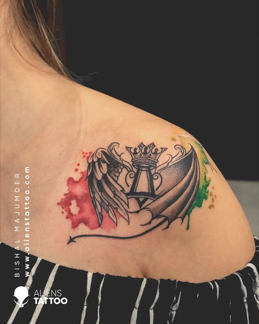 Medium Color Realism Angel Wings Crown Lantern Tattoo on Women Shoulder by @bishal_wizard