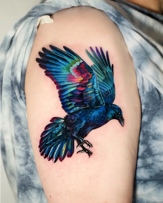 Medium Color Realism Blue Crow Tattoo on Women Shoulder by @non_lee_ink