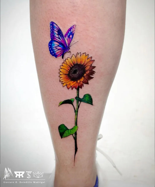 Medium Color Realism Butterfly Sunflower on Women Leg Tattoo by @geem_tattoo