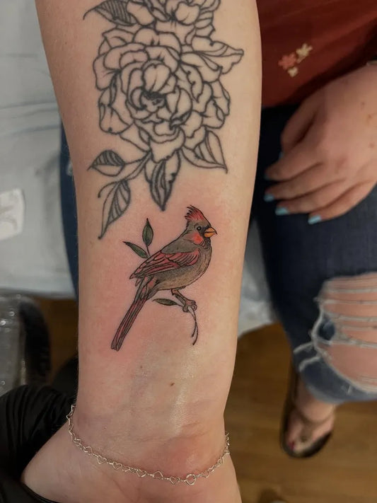 Medium Color Realism Cardinal and Peony Women Arm by @helloscoutie