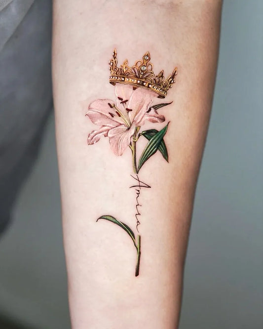 Medium Color Realism Crown Flower Name Tattoo on Women Arm by @xxsummerdaye_