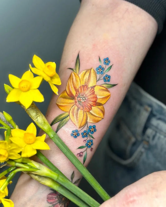 Medium Color Realism Daffodil Flowers Tattoo on Women Arm by @nikitarose_tattoo