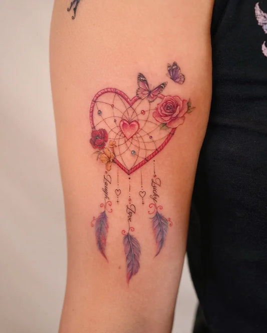Medium Color Realism Dream Catcher Heart Rose Tattoo on Women Arm by @soap.tattoo