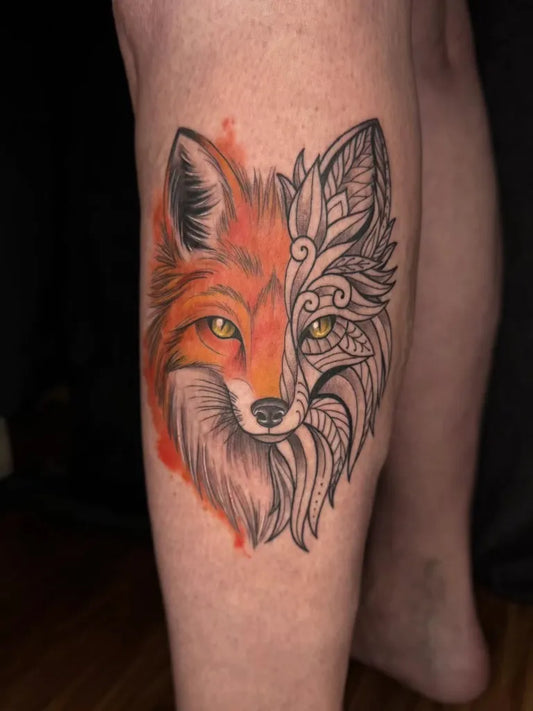 Medium Color Realism Fox Tattoo on Women Leg by @inkwellkingston
