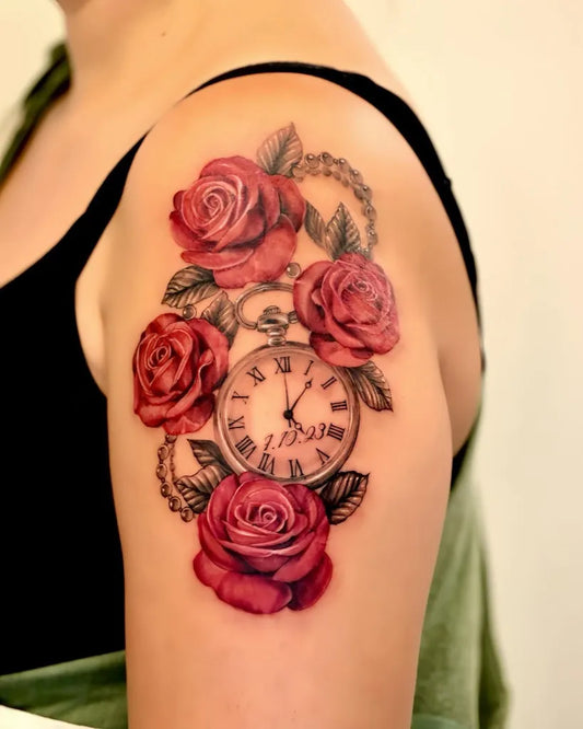 Medium Color Realism Roses and Clock Tattoo on Women Shoulder by @calvintattoo