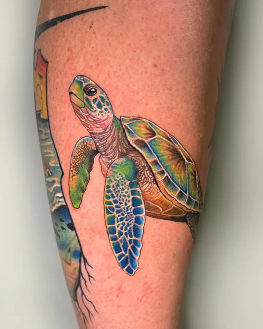 Medium Color Realism Sea Turtle Tattoo on Men Leg by @gamble.tattoos