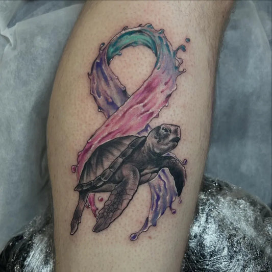 Medium Color Realism Sea Turtle and Awareness Ribbon Tattoo on Women Leg by @neotrashace