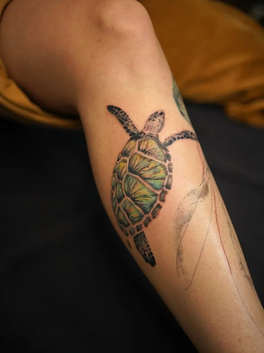 Medium Color Realism Turtle Tattoo on Women Leg by @juliatoebel