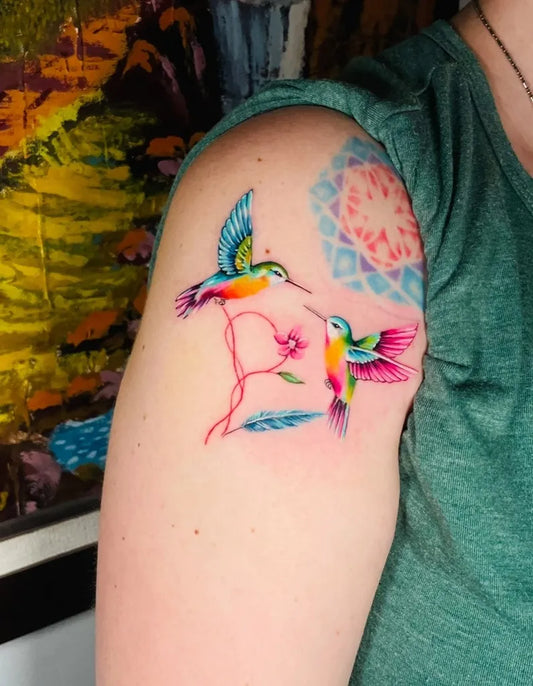 Medium Color Realism Two Hummingbirds on Women Shoulder Tattoo by @claudiogajardo.art